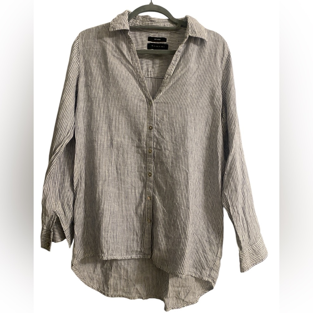 Tahari 100% Linen Roll Tab Sleeve Button Up Shirt Womens Size S Collared Coastal